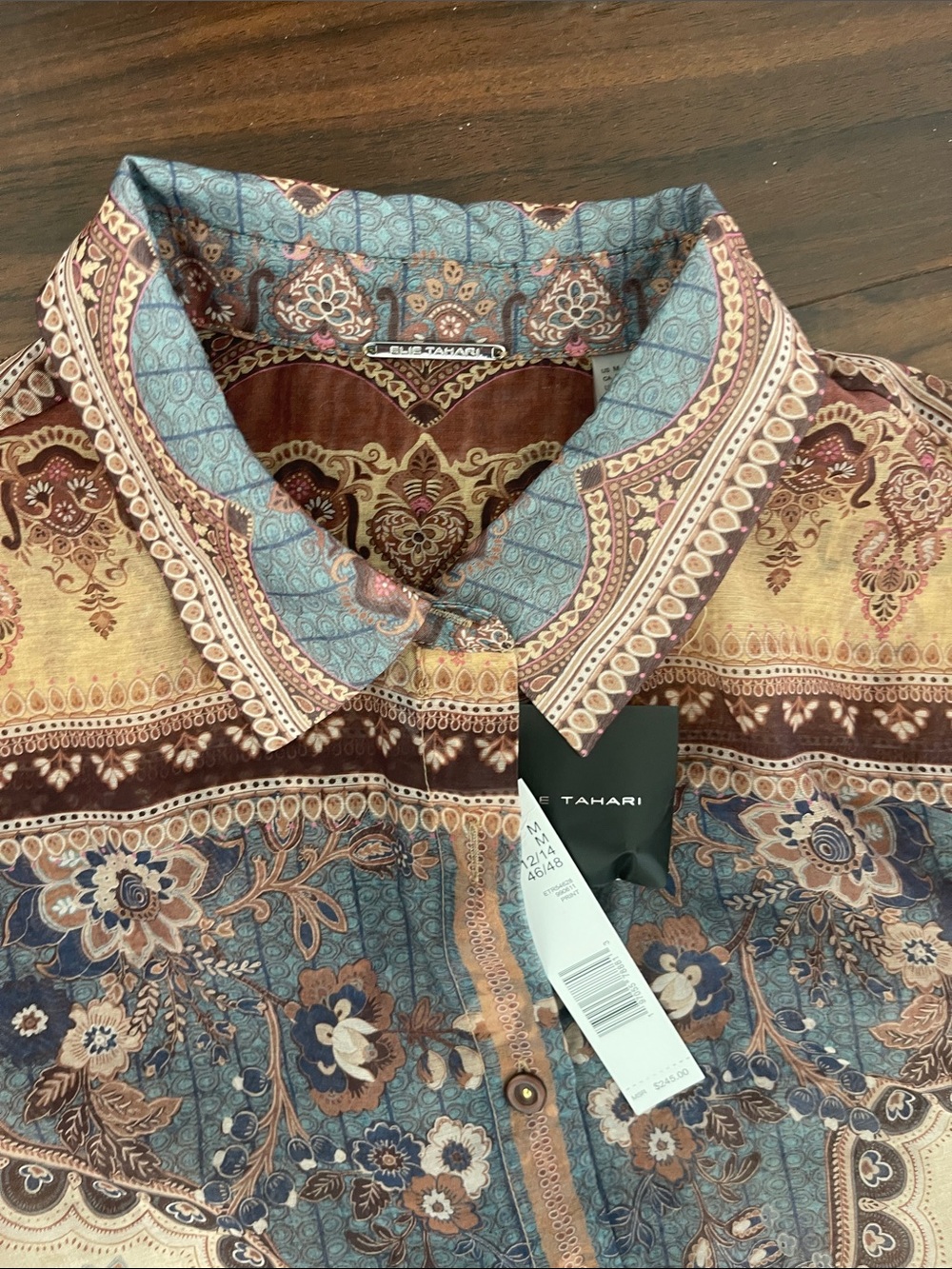 New Elie Tahari Teal, Cream & Brown Printed Button down Blouse Shirt - Picture 11 of 12